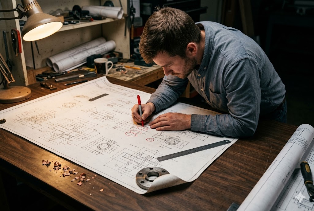 Custom Parts Engineering Design Engineer annotating technical drawings for custom mechanical parts manufacturing project (ID#3)