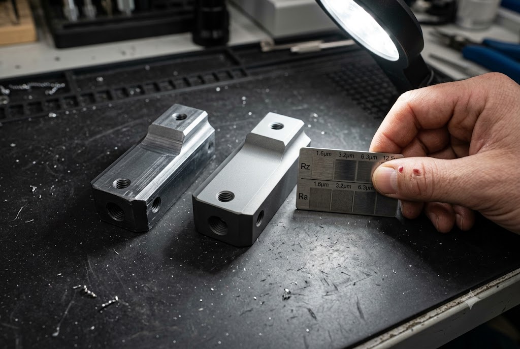 CNC Parts Surface Inspection Quality inspector checking surface roughness Ra Rz of CNC machined aluminum parts (ID#4)