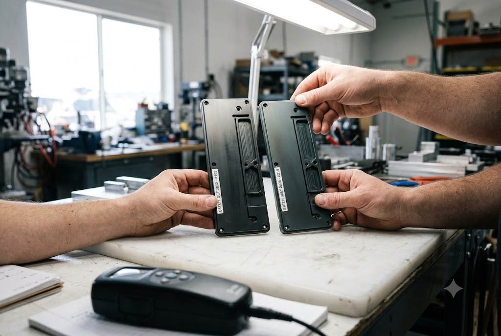 Custom Parts Batch Comparison Two technicians comparing batch-labeled custom machined enclosure parts side by side (ID#4)