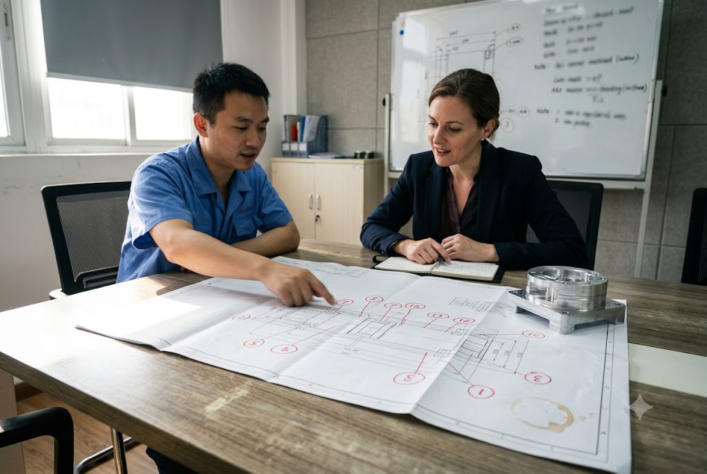 Supplier Engineering Design Review Engineer and buyer reviewing technical drawing for custom mechanical parts (ID#4)