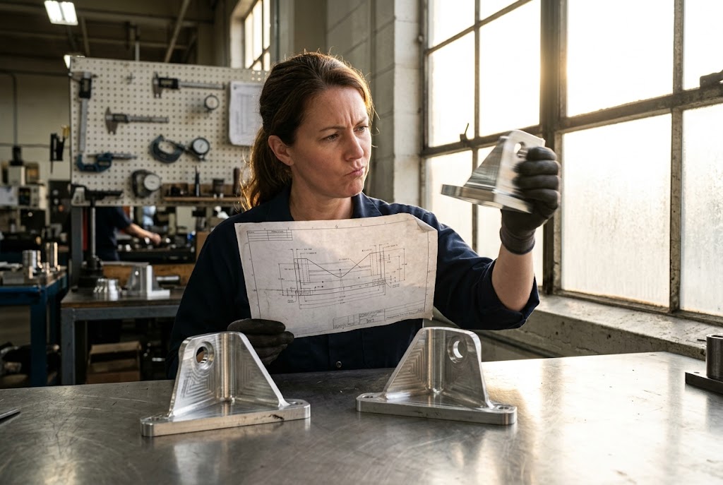 Custom Part Drawing Inspection Quality engineer comparing custom aluminum bracket to engineering drawing in machine shop (ID#4)