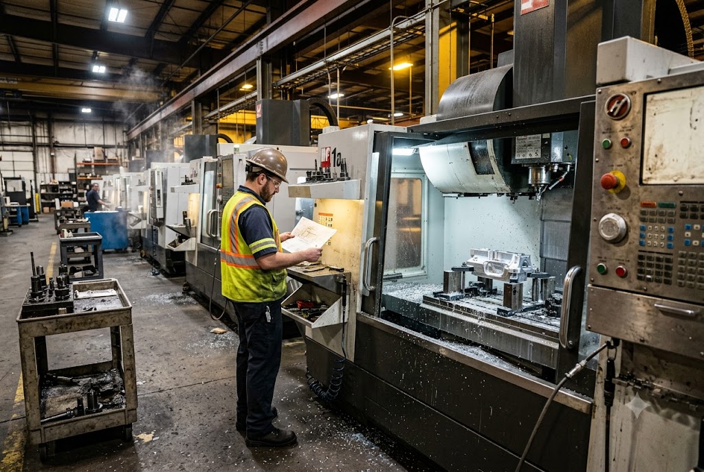 CNC Factory Floor Oversight Factory technician reading engineering drawings beside CNC machining center production line (ID#4)