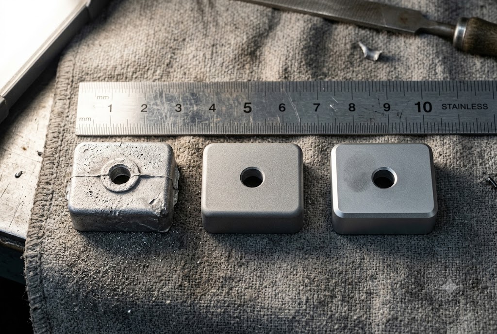 Metal Part Finishing Stages Three stages of custom metal part finishing: raw cast, machined, and polished (ID#4)