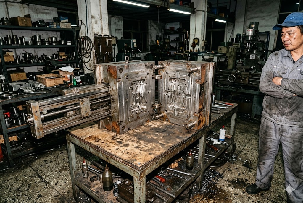 Custom Mold Tooling China Engineer overseeing open injection mold tooling for custom mechanical parts manufacturing (ID#4)