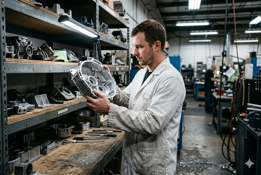 Custom Parts Quality Check Quality inspector examining custom aluminum mechanical part in machine shop (ID#4)