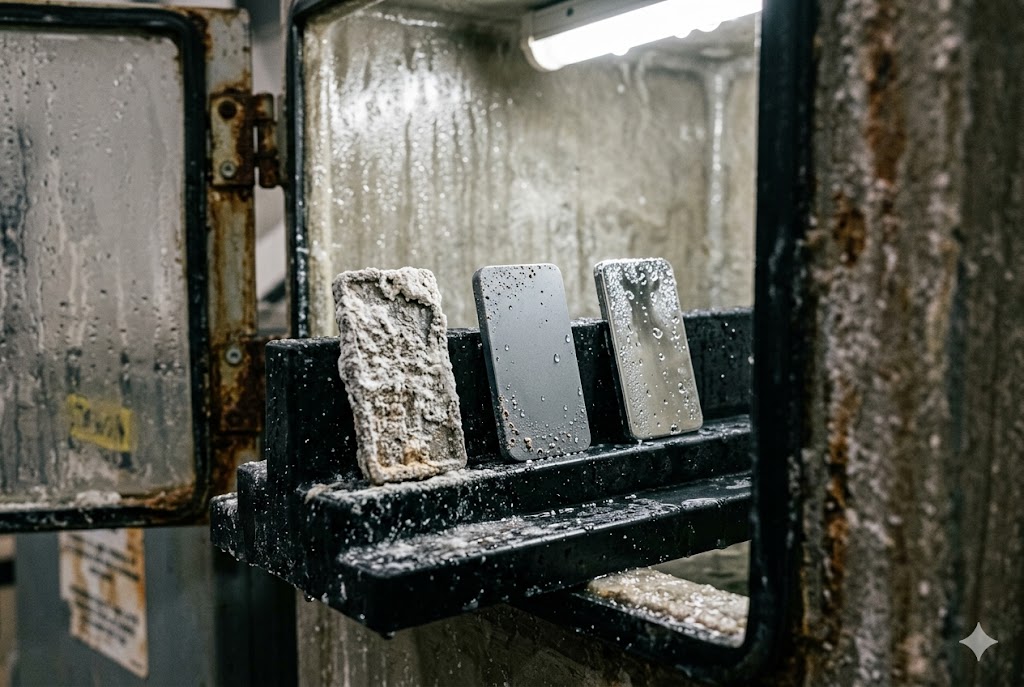 Metal Surface Treatment Custom metal parts in surface finishing chamber at various treatment stages (ID#4)