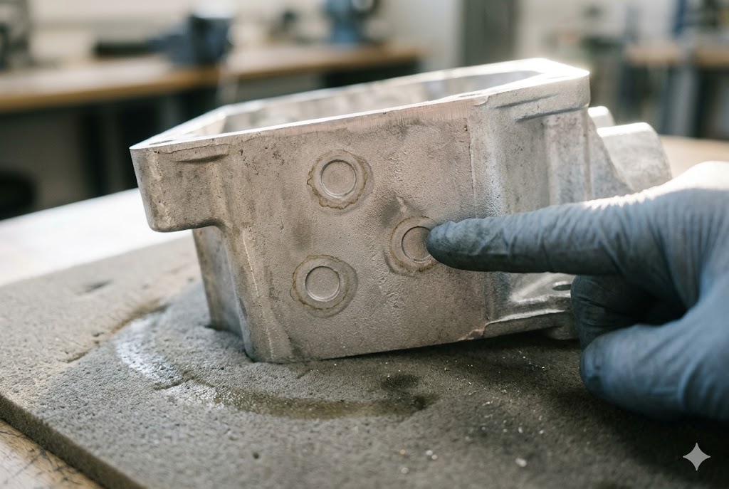Die-Cast Part Quality Inspection Quality inspector examining raw aluminum die-cast housing surface defects closely (ID#4)