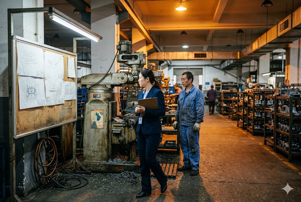 Factory Floor Audit Luckym project manager reviewing engineering drawings with machinist on factory floor (ID#4)