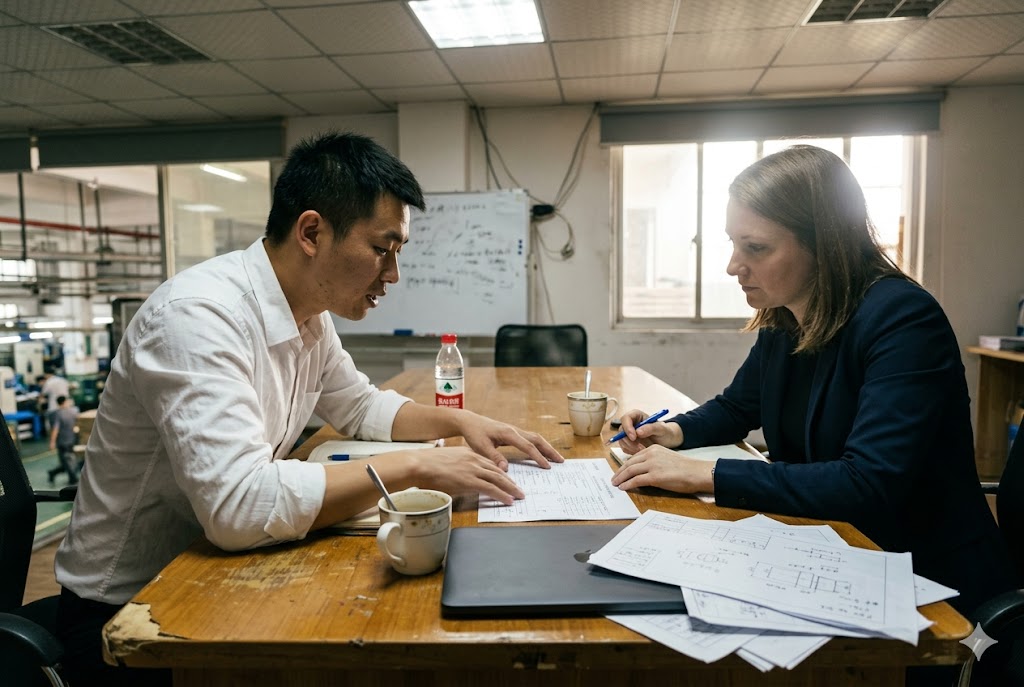 Supplier Factory Audit Meeting Chinese supplier and foreign purchasing manager reviewing mechanical drawings at factory (ID#4)