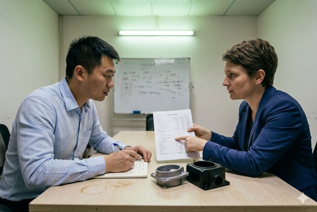 B2B Supplier Audit Meeting US buyer and Chinese supplier reviewing cost breakdown for custom mechanical parts (ID#4)