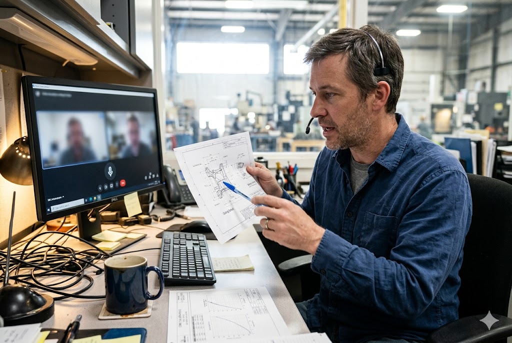 Remote Parts Project Consultation Project manager discussing custom mechanical parts drawing via video call (ID#4)