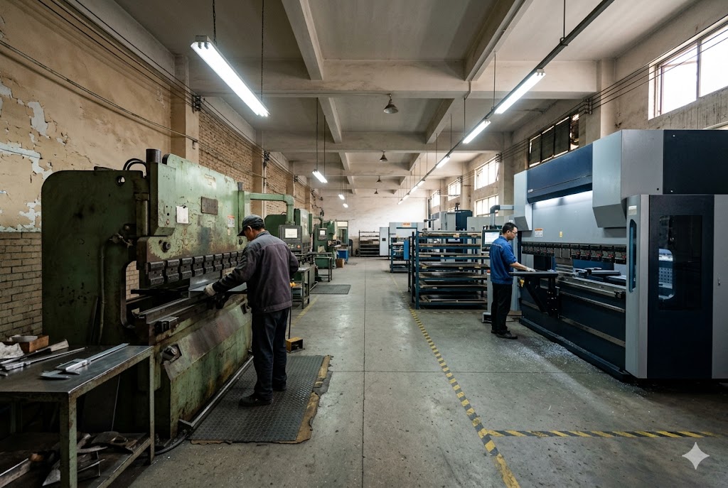Metal Parts Factory Floor Two workers operating press brake bending machines in custom parts factory (ID#4)