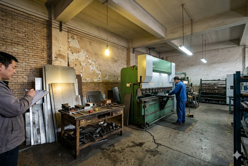 Parts Manufacturing Process Workers operating press brake machine during custom parts production inspection (ID#4)