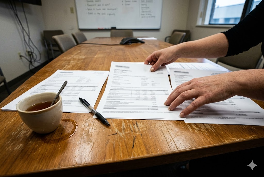 Supplier Quotation Review Purchasing manager reviewing supplier quotation documents at conference table (ID#4)