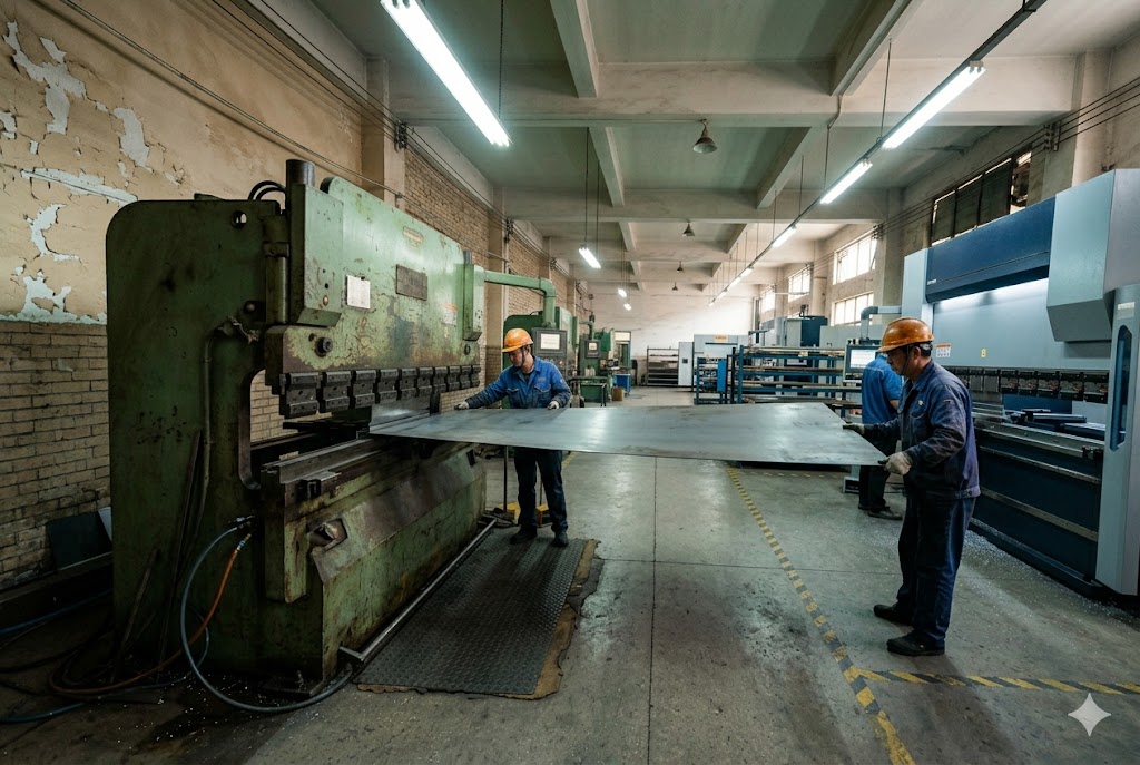 Steel Sheet Bending Workshop Two workers handling large steel sheet at press brake in mechanical parts workshop (ID#4)