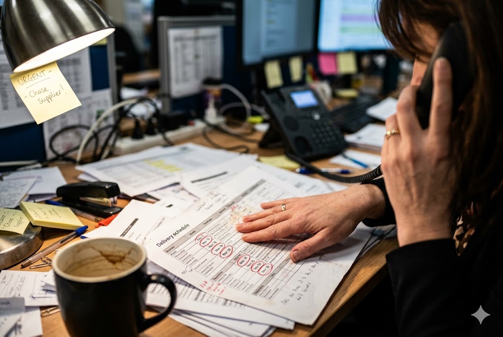 Supplier Delivery Follow-Up Purchasing manager urgently chasing supplier on phone reviewing delivery schedule (ID#4)