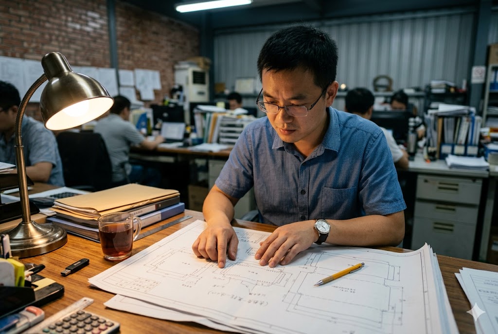 Engineering Drawing Review Chinese mechanical engineer reviewing technical drawings for custom parts project (ID#4)