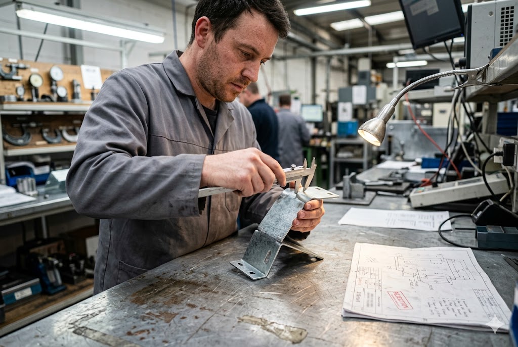 Precision Parts Quality Control Quality control technician using caliper to measure custom metal bracket against engineering drawing (ID#4)