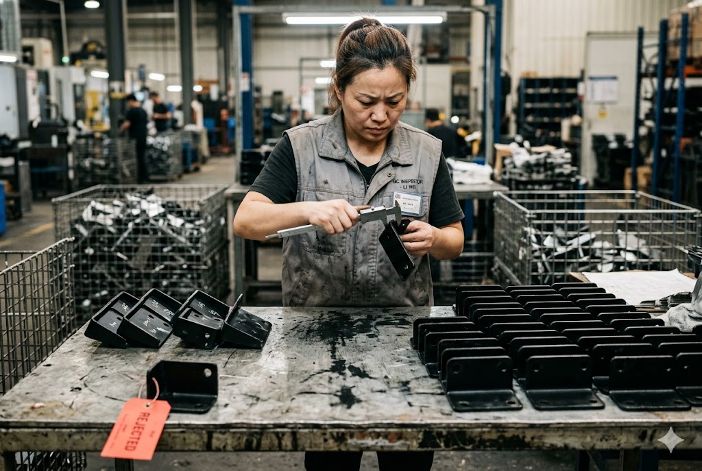 QC Inspector Measuring Parts QC inspector measuring custom metal parts with calipers on production floor (ID#4)
