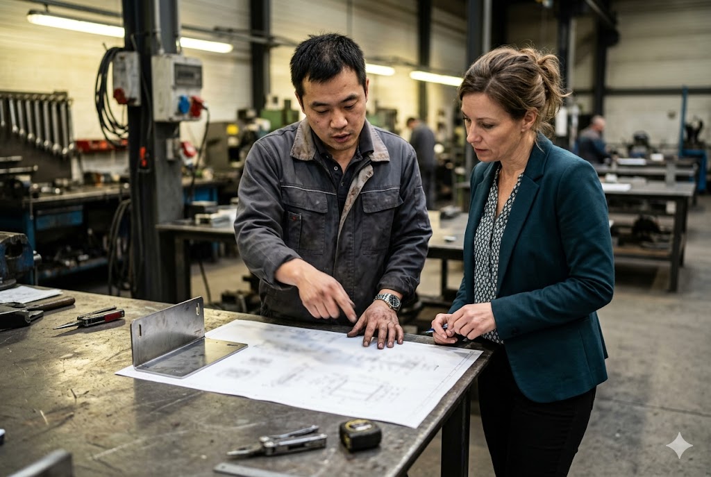 Factory Audit in Progress Engineer and purchasing manager reviewing custom mechanical parts drawings in factory (ID#4)