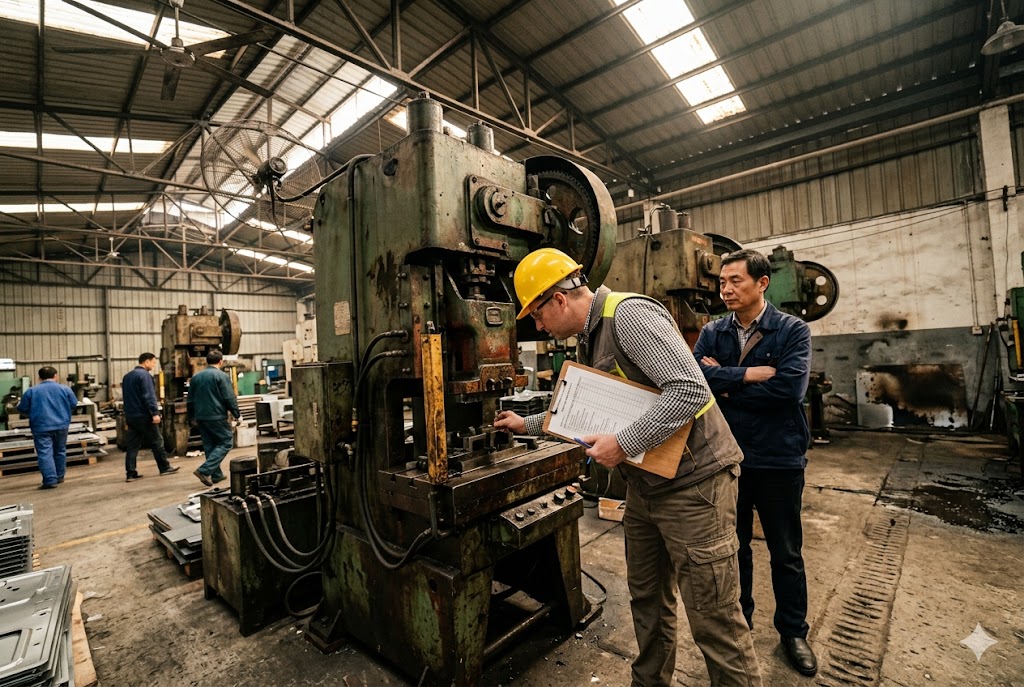 Factory Audit Inspection Quality inspector auditing press machine at Chinese custom mechanical parts factory (ID#4)