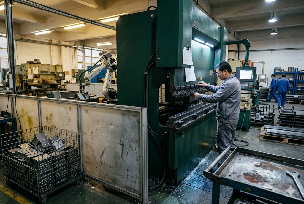 CNC Press Brake Operation Technician operating CNC press brake with robotic arm in custom parts factory (ID#4)