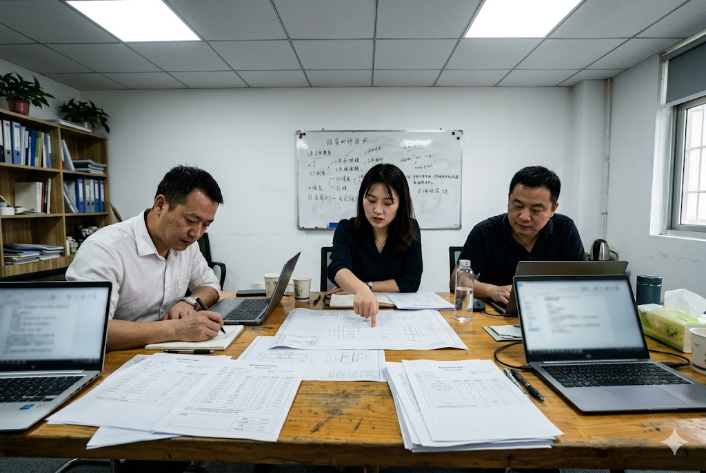Supply Chain Project Review Project management team reviewing mechanical drawings and supplier quotations in office (ID#4)