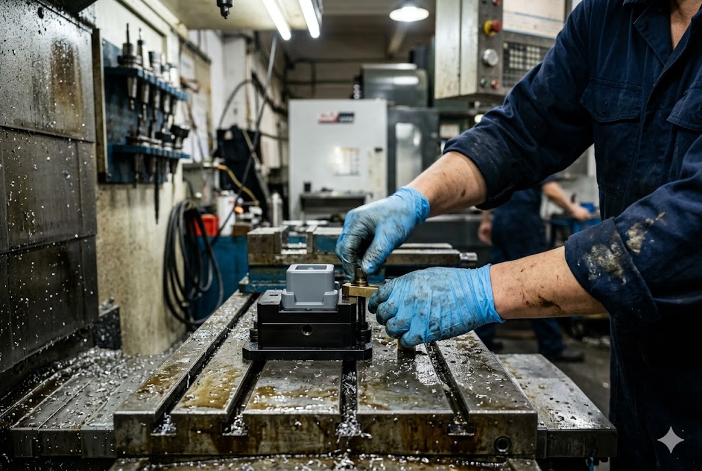 CNC Parts Machining CNC machinist setting up custom mechanical part on milling machine worktable (ID#4)