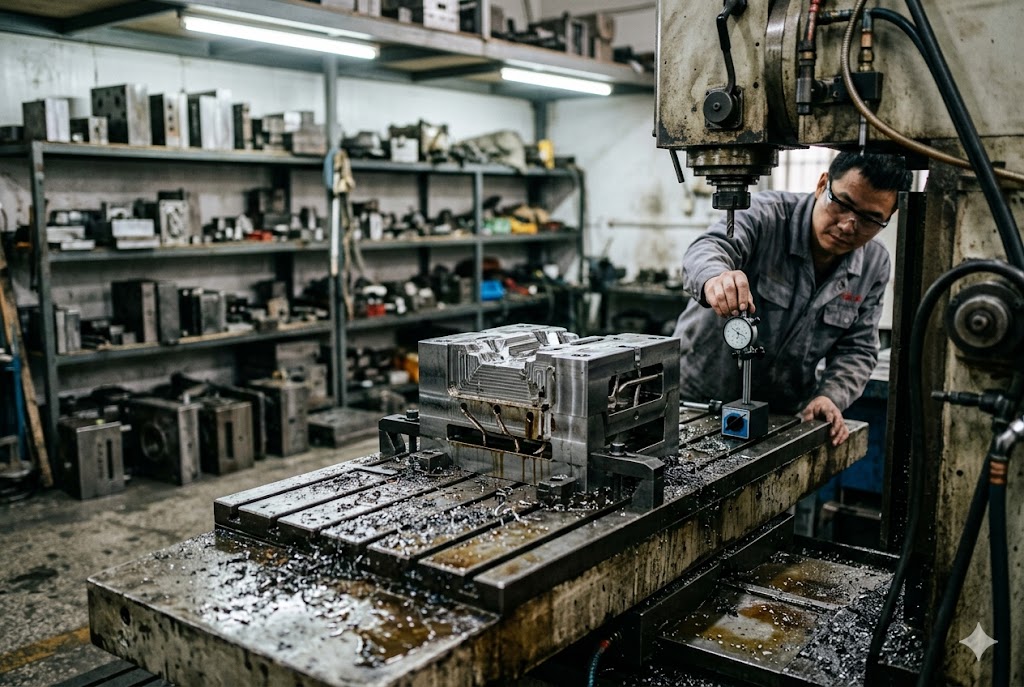 Custom Mold Quality Control Precision mold quality inspection by technician at CNC machining workshop (ID#4)
