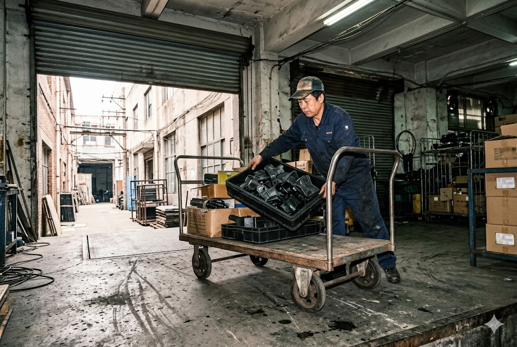 China Parts Warehouse Logistics Worker transporting custom mechanical parts on cart at China export warehouse (ID#4)