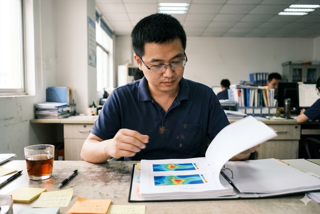 Parts Quality Analysis Engineer analyzing quality control thermal report for custom mechanical parts (ID#4)