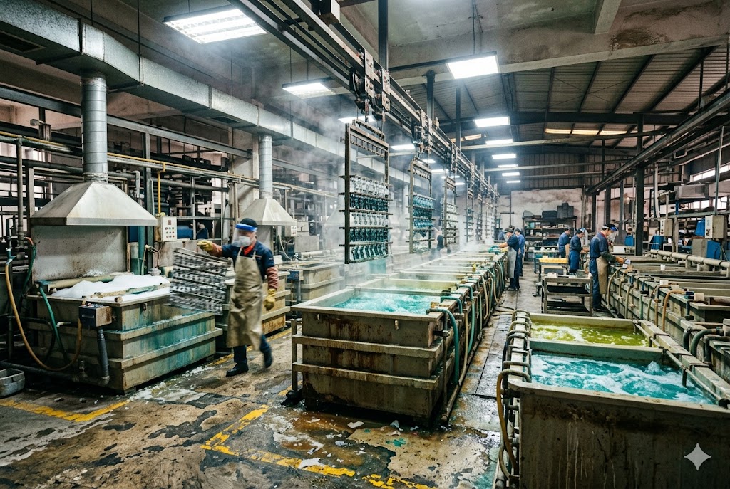 China Metal Parts Plating Workers processing metal parts in large-scale electroplating factory floor (ID#4)