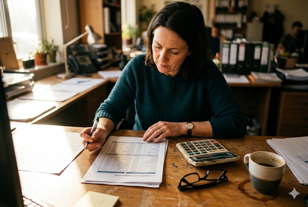 Supplier Cost Comparison Purchasing manager reviewing landed cost comparison sheet for imported mechanical parts (ID#4)