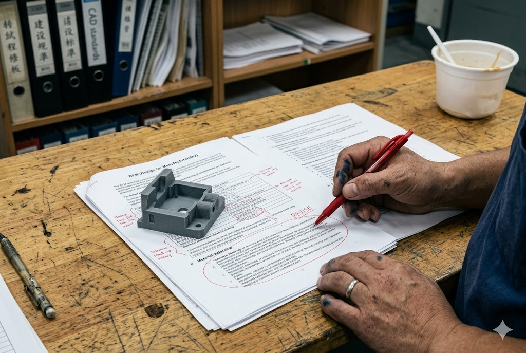 DFM Quality Review Engineer annotating DFM report beside 3D-printed custom mechanical part prototype (ID#4)