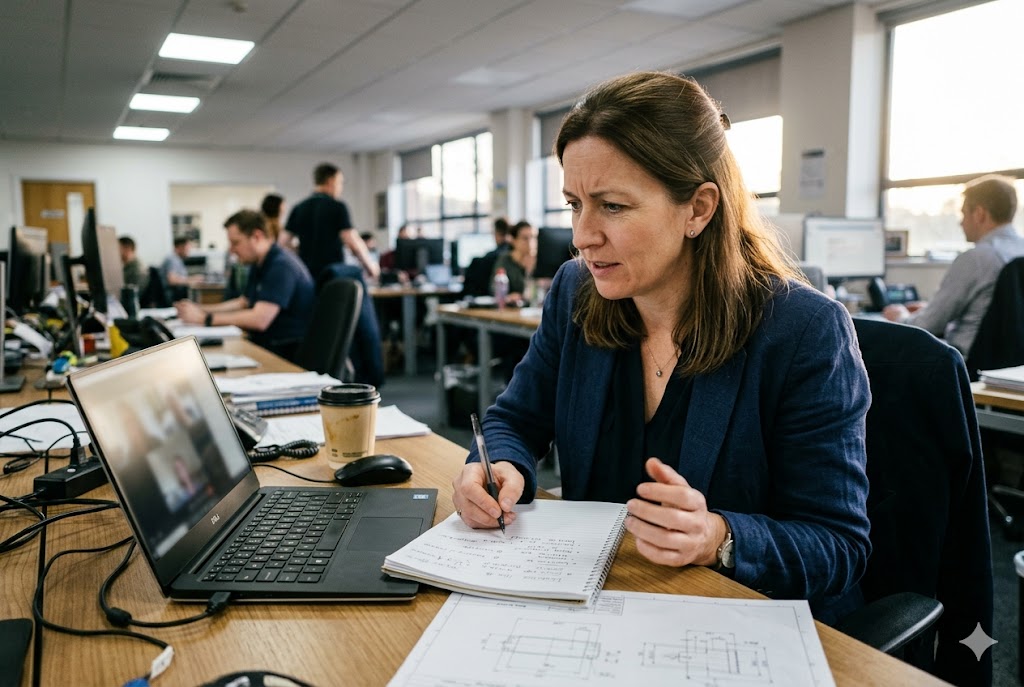 B2B Sourcing Project Review Purchasing manager reviewing custom mechanical parts drawings on video call (ID#4)