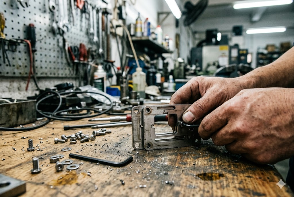 Custom Parts Assembly Workshop Technician assembling custom precision mechanical bracket by hand in workshop (ID#4)