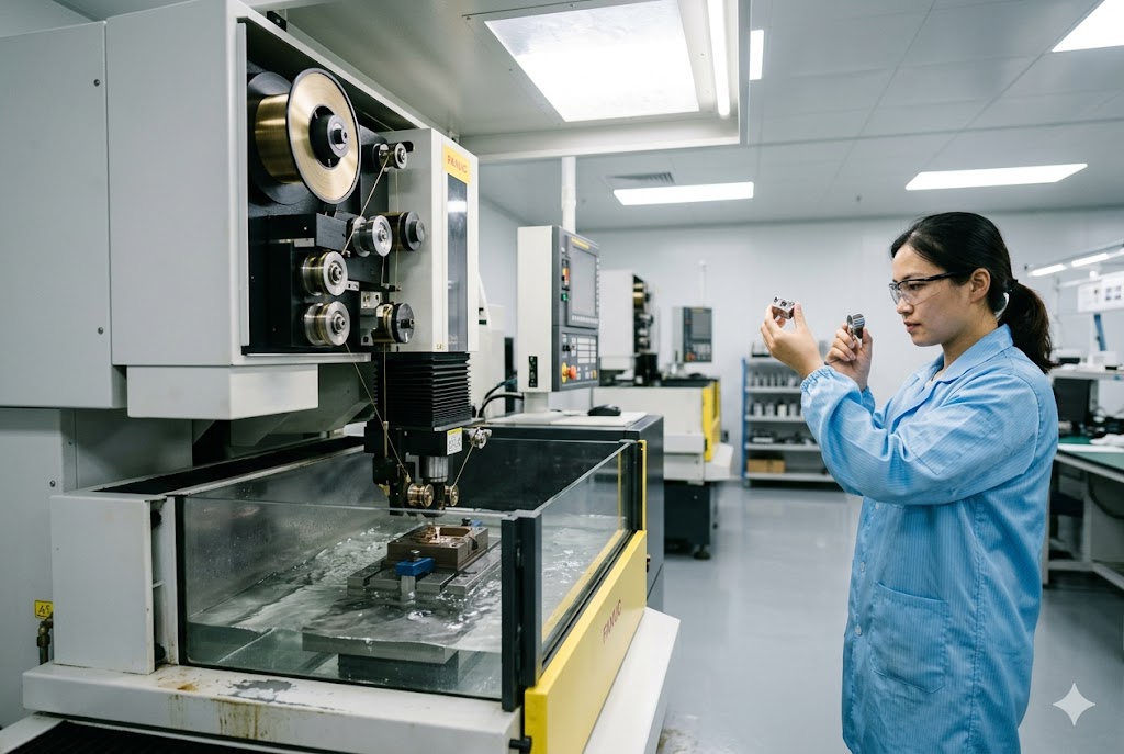 Precision Parts Quality Inspection Quality inspector examining custom machined part beside FANUC wire EDM machine (ID#4)