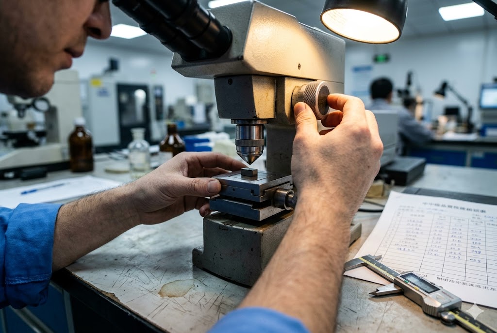 Precision Quality Inspection Lab Quality engineer inspecting custom machined part under microscope with caliper measurement report (ID#4)