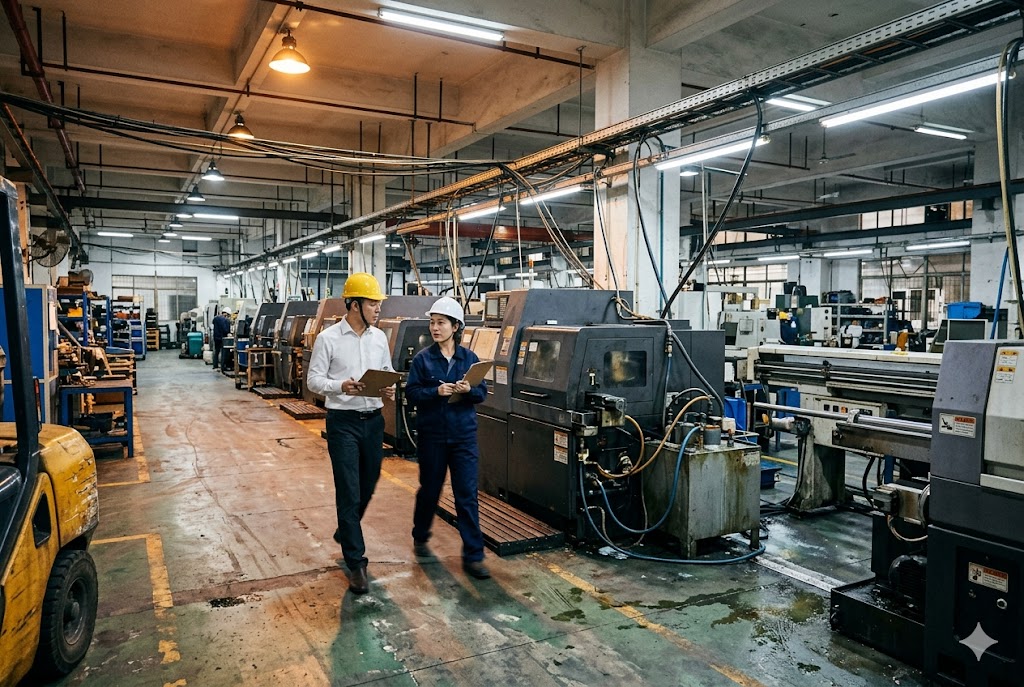 China Supplier Factory Audit Two engineers conducting supplier factory audit in Chinese CNC machining workshop (ID#4)