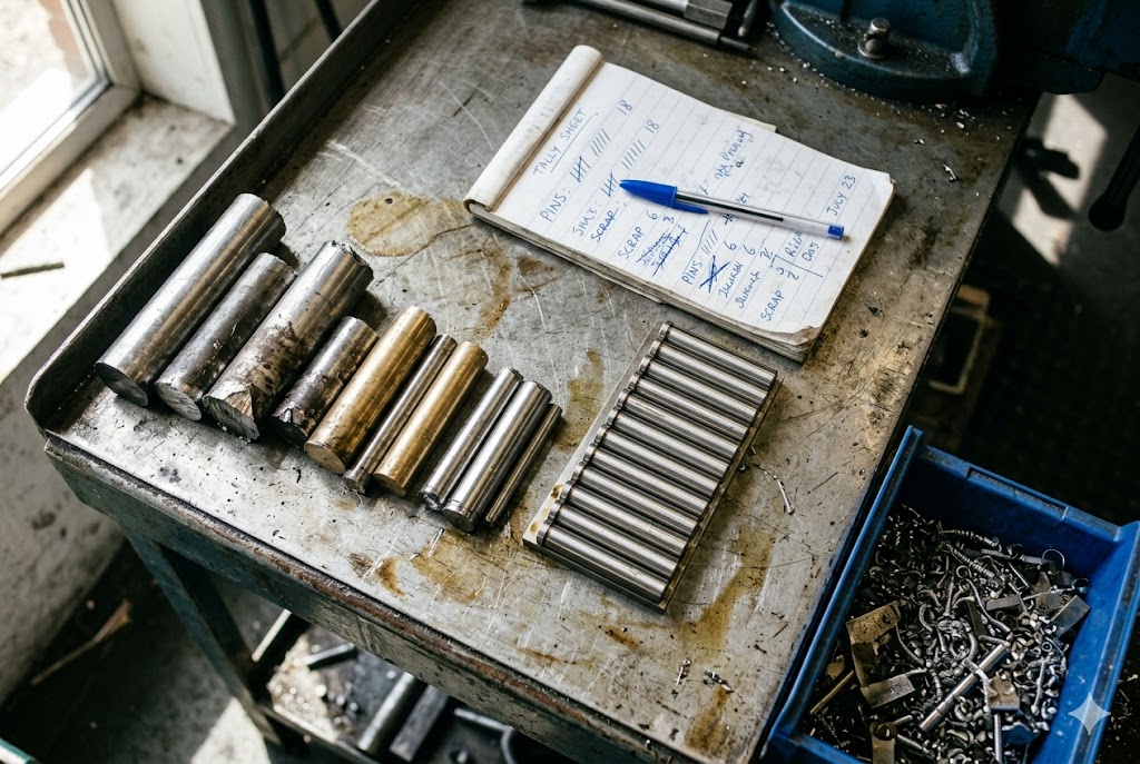 Custom Machined Parts Inventory Assorted machined steel pins and cylinders with production tally sheet on workshop bench (ID#4)