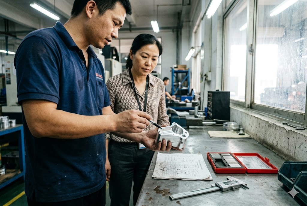 Parts Quality Inspection Team Quality engineers inspecting custom machined part against technical drawings (ID#4)