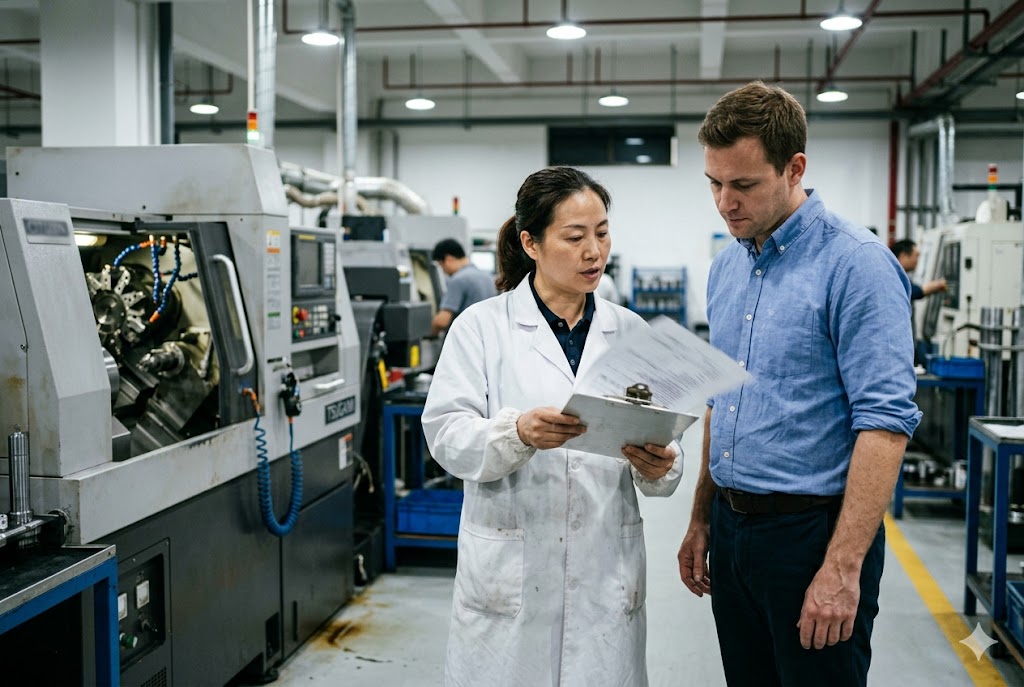 Factory Quality Control Review Quality engineer and client reviewing custom mechanical parts order documentation (ID#4)