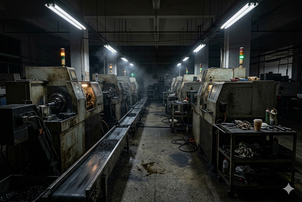 CNC Factory Floor Rows of CNC turning machines running in Chinese custom mechanical parts factory (ID#4)