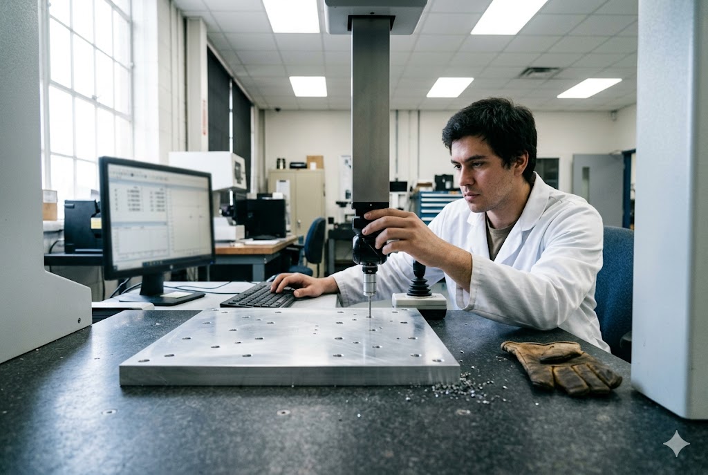 Parts Dimension Verification Quality engineer using CMM to inspect custom aluminum mechanical part dimensions (ID#4)