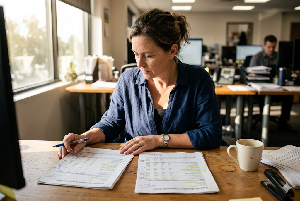 Supplier Quotation Review Purchasing manager reviewing supplier quotation sheets for custom mechanical parts (ID#4)
