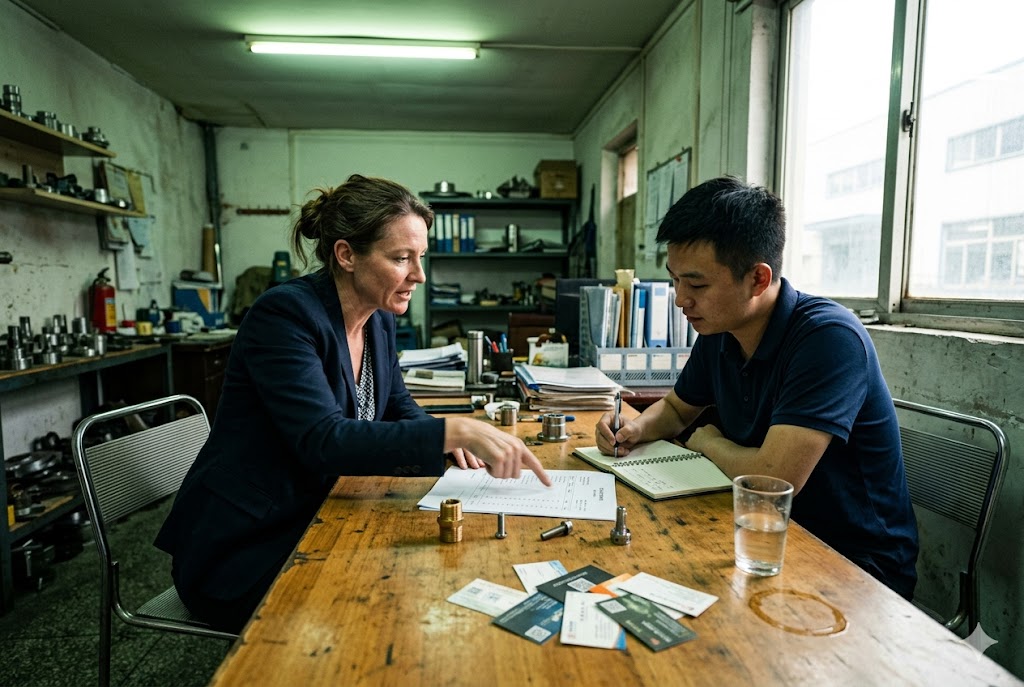 Supplier Factory Audit Meeting Purchasing manager discussing custom parts specs with Chinese supplier (ID#4)