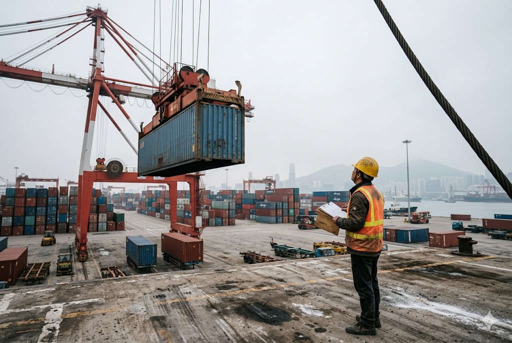 China Port Logistics Management Logistics manager overseeing container shipping at China port for mechanical parts export (ID#4)