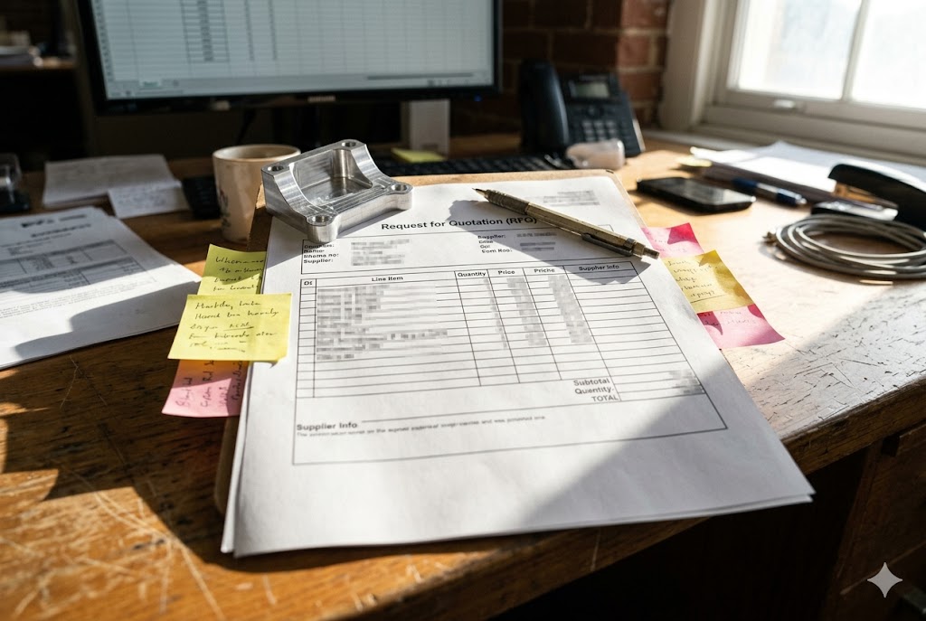 Custom Parts RFQ Process Request for Quotation form with custom machined aluminum part on desk (ID#4)
