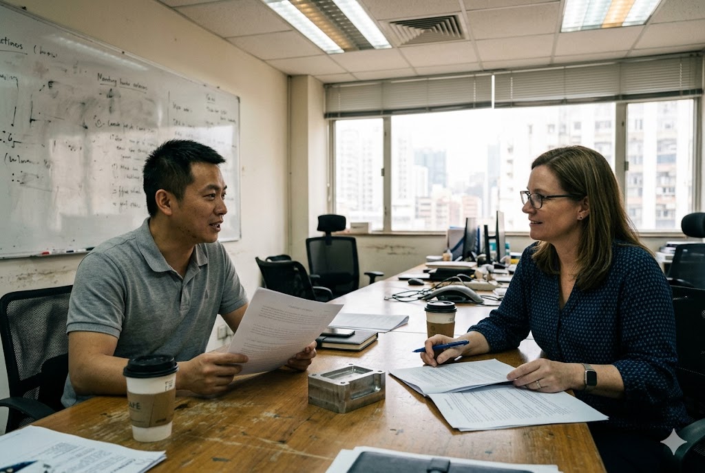 Supplier Client Meeting Chinese supplier and US purchasing manager reviewing mechanical parts order (ID#4)
