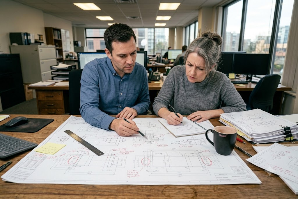 Engineering Drawing Collaboration Two engineers collaborating on custom mechanical part technical drawings in office (ID#4)